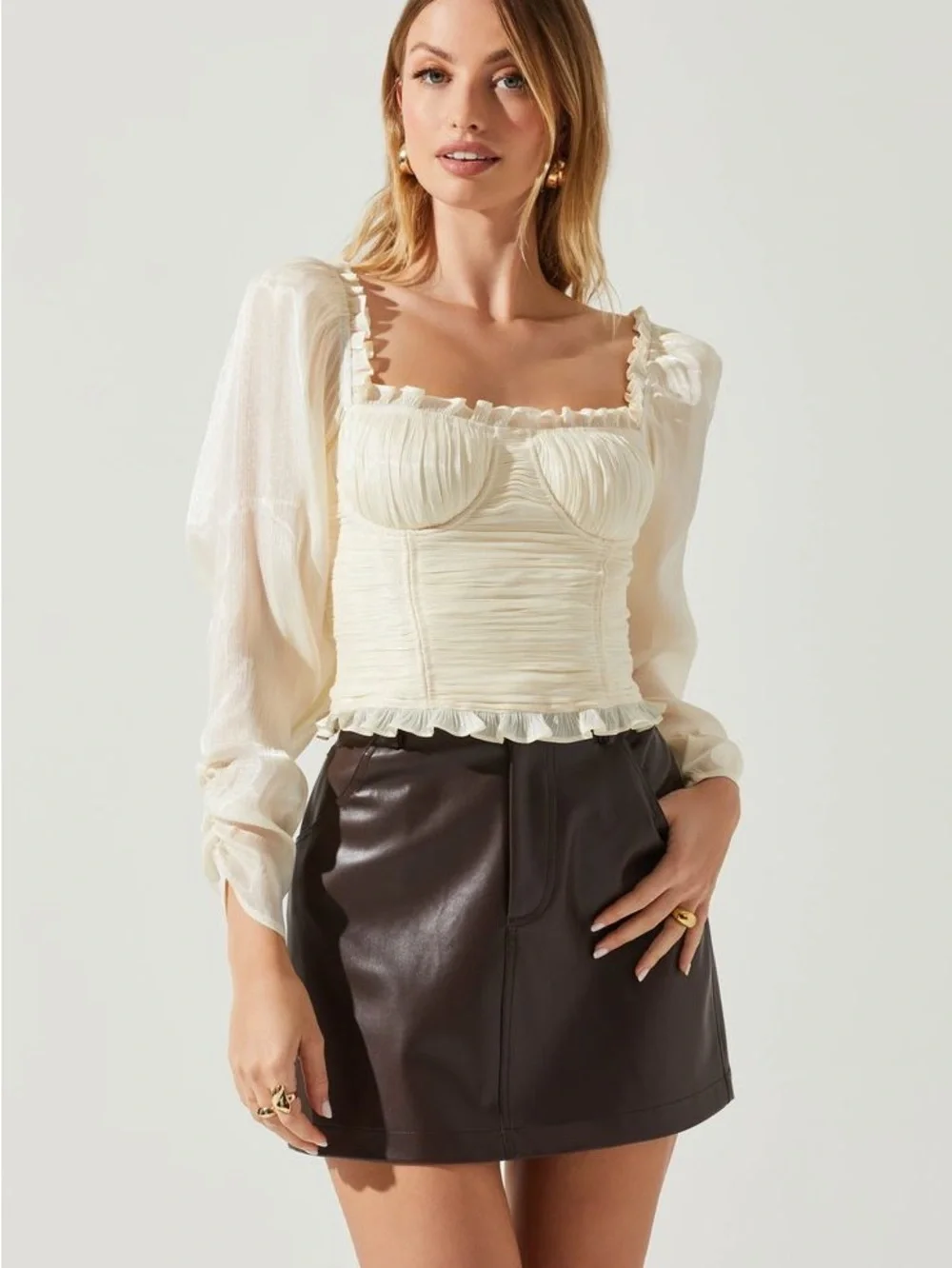 ASTR The Label Junie Ruffle Square Neck Top Champagne L